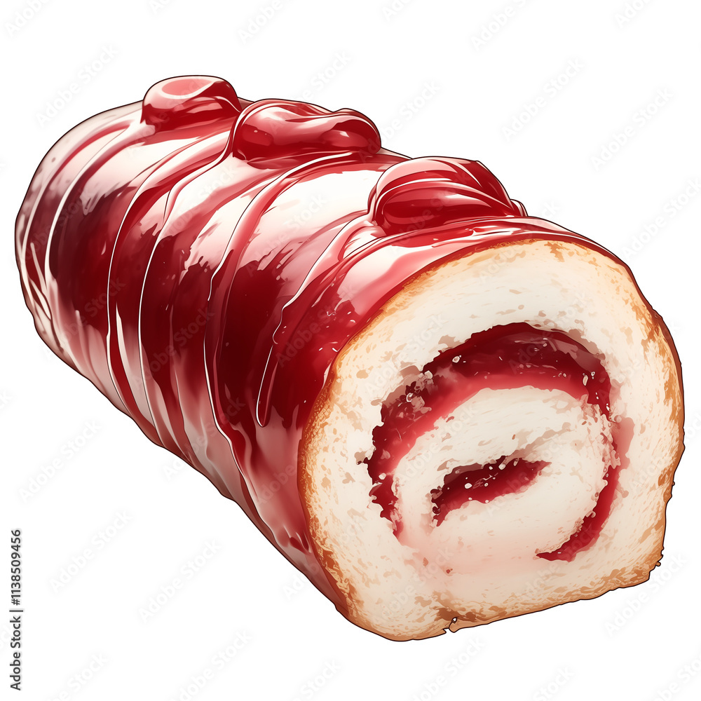 Poster delicious jelly roll with glossy red fruit filling and soft, fluffy sponge cake is isolated on white