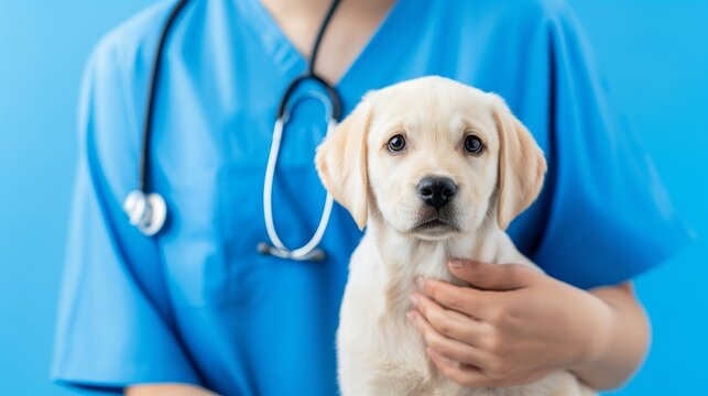 Caring veterinarian holds a cute puppy in a bright clinic during a routine check-up