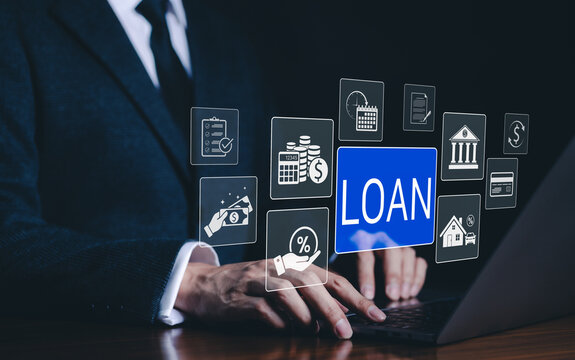 Loan and lending cash for asset purchase concept. Digital interface featuring loan and financial icons, lending, interest rates, asset purchases, and financial management for individuals or businesses