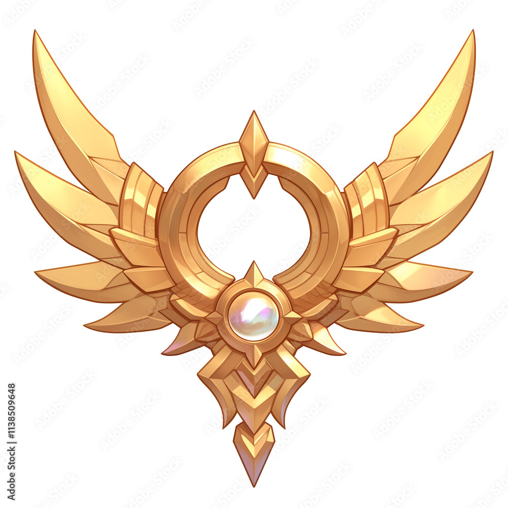 Poster golden winged emblem with central pearl, symbolizing victory and prestige. intricate design features
