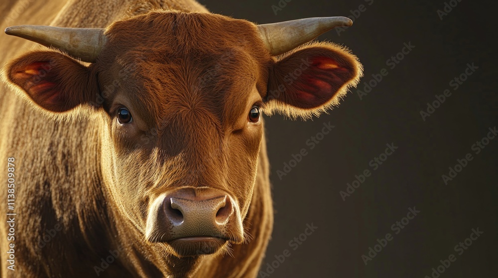 Poster a close-up shot of a brown cow's face with visible horns, suitable for use in farm or wildlife-relat