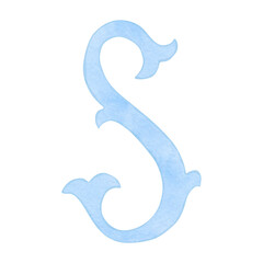 Watercolor vintage blue letter S, alphabet for crest design, initials