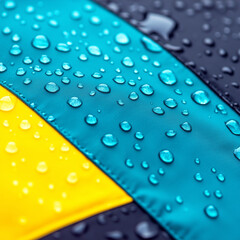 Close-up of raindrops on a light gray and yellow rain coat jacket.