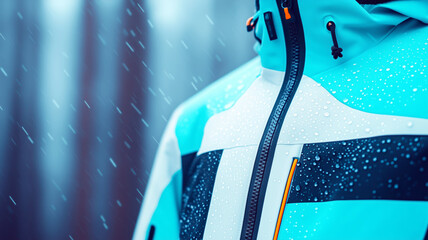 Close-up of raindrops on a light blue rain jacket. 