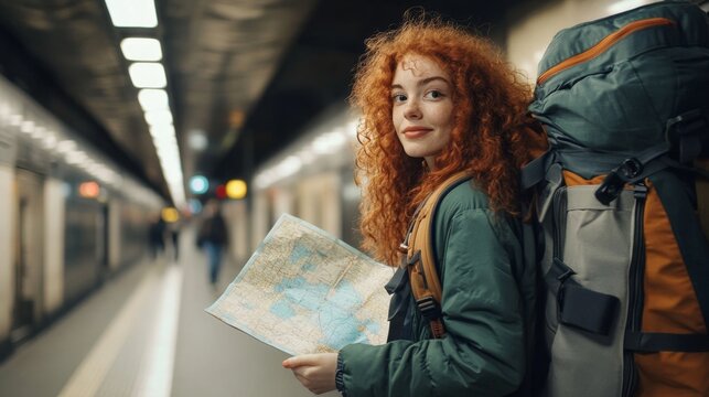 Young woman curly red head girl traveller with backpack and map in subway station, with copy space