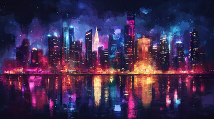 Fototapeta premium Neon Nightscape A Vibrant City Reflection at Night