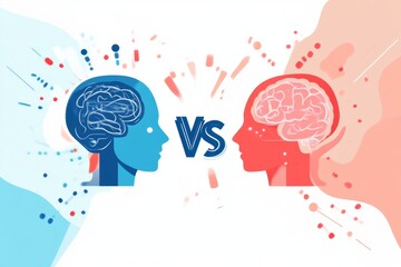 Abstract Illustration of Human Brain Analysis: Blue vs Red Mindset, Exploring Cognitive Differences and Thought Patterns with Modern Art Design