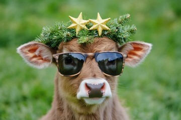 Obraz premium A cow wearing trendy sunglasses and a star-shaped headband, great for lifestyle or advertising images