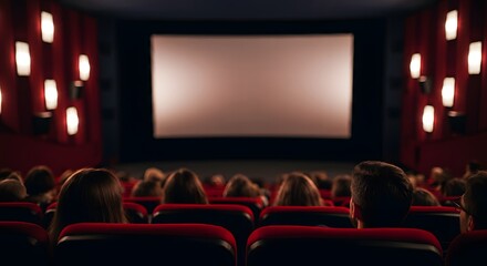 Fototapeta premium Cinema blank wide screen and people in red chairs in the cinema hall. Blurred People silhouettes watching movie performance.