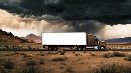 cargo truck with blank truck bed driving through sands of desert during storm