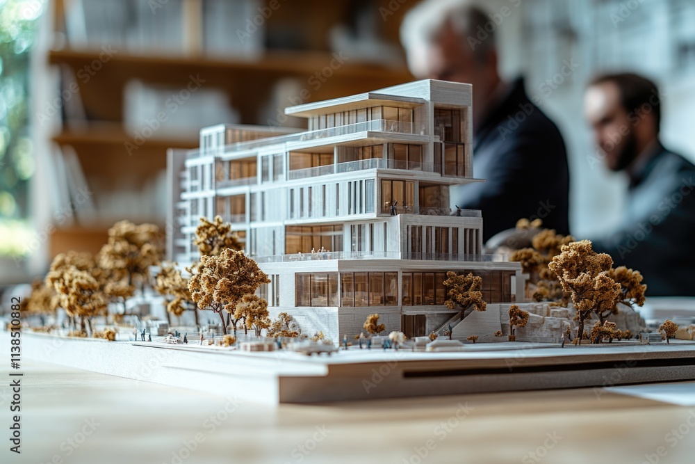 Poster miniature building model displayed on a table surface, ideal for still life photography or architect