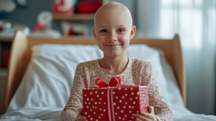 a child with cancer holds a gift, help and volunteering, a holiday gift