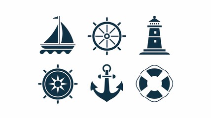 Stylized Nautical Icons Sailboat, Wheel, Lighthouse, and Anchor