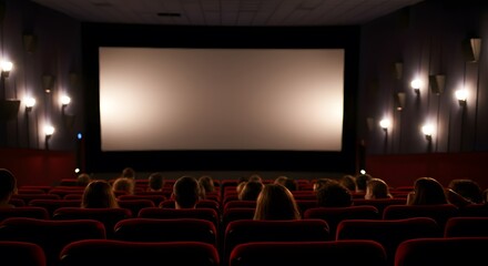 Cinema blank wide screen and people in red chairs in the cinema hall. Blurred People silhouettes watching movie performance.
