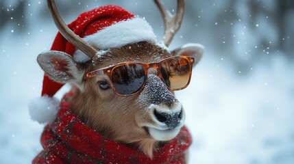 A deer with sunglasses and a Santa hat, perfect for holiday or winter-themed projects