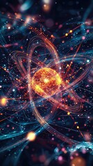 Abstract representation of an atom with glowing particles and vibrant energy trails illustrating the concepts of science, technology, and the mysteries of the universe in a captivating visual format