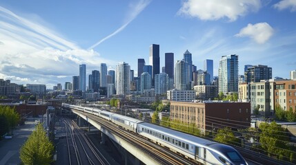 Fototapeta premium A high-speed train cutting across a skyline during the day, with a mix of modern and traditional buildings surrounding the train's path