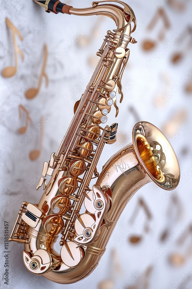 Aufkleber a golden saxophone instrument with musical notes in the background, suitable for use in music-relate