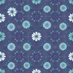 Serene Floral Pattern: A captivating seamless pattern featuring delicate teal and purple flowers on a deep indigo background. Perfect for textile design, wallpaper.