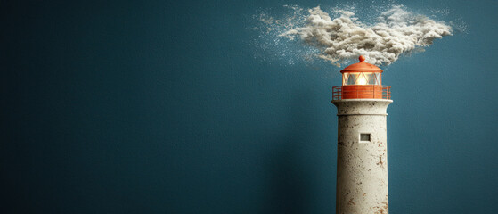 A lighthouse surrounded by a whimsical cloud, symbolizing nature and creativity.