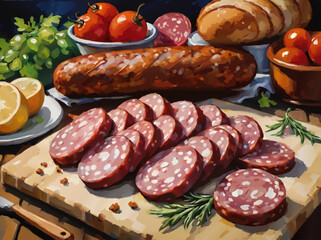 salami sausage slices with bread and fruits breakfast table vector illustration