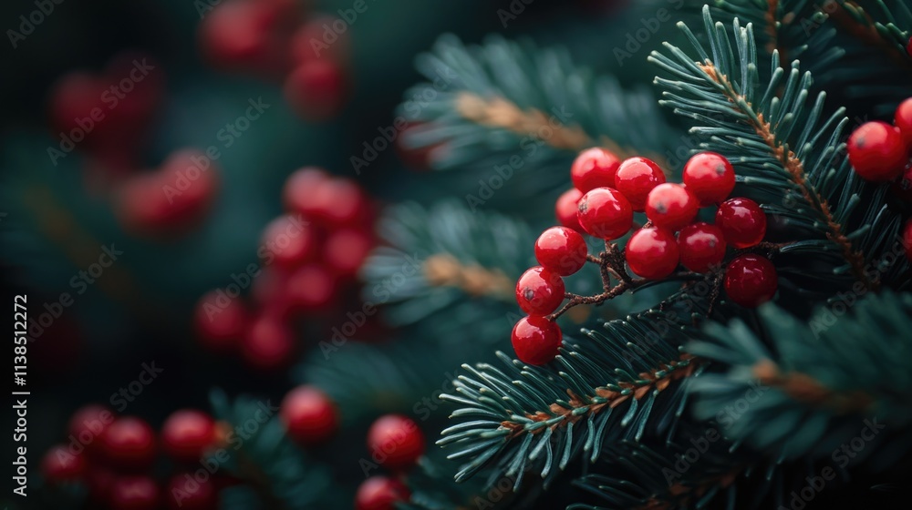 Poster A close-up view of a cluster of red berries growing on a tree branch, suitable for use in designs related to nature and the outdoors