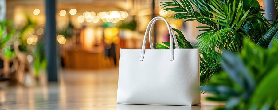 Stylish white bag in a bright shopping center symbolizing minimalism and the perfect balance of functionality and urban fashion
