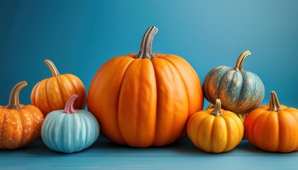 Vibrant Thanksgiving Flat Lay of Assorted Mini Pumpkins and Gourds in White, Orange, and Green on Bright Blue Background with Copy Space. Perfect for Festive Design, Autumn Themes, or Holiday Project