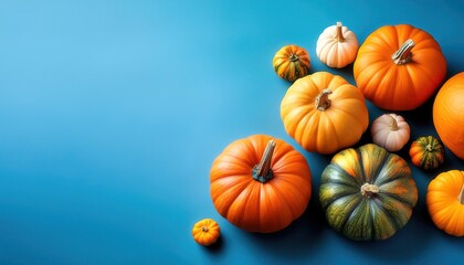 Vibrant Thanksgiving Flat Lay of Assorted Mini Pumpkins and Gourds in White, Orange, and Green on Bright Blue Background with Copy Space. Perfect for Festive Design, Autumn Themes, or Holiday Project