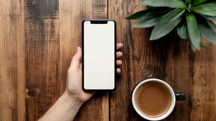 Hand holding smartphone vertically with blank screen vector illustration. Phone with empty screen, phone mockup