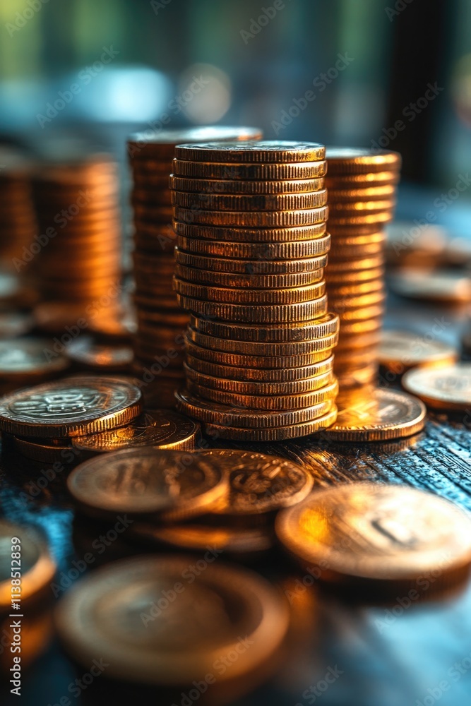 Poster a pile of coins sits on top of a table, ready for counting or transaction