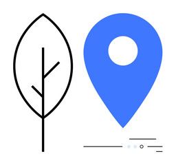 Leaf outline paired with blue map pin highlighting environmental focus and location. Ideal for eco-travel, sustainable initiatives, green projects, nature conservation, environmental education
