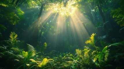 Obraz premium Sunlight filters through dense foliage in a vibrant, lush forest.
