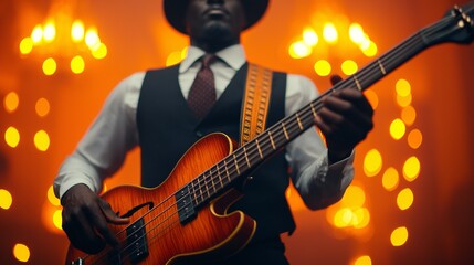 Obraz premium Black history month, Stylish Musician Playing Bass Guitar on Stage Warm Lighting