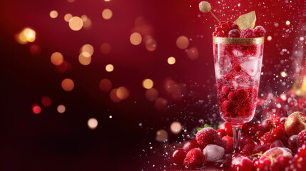 Festive cranberry cocktail with sparkling lights and bokeh holiday background