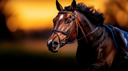 A stunning close-up of an elegant thoroughbred horse in twilight, featuring its shiny coat and bridle, symbolizing the strength and bond between horse and rider.