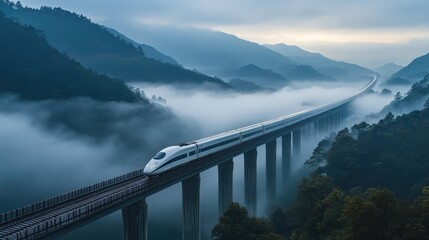 Obraz premium A high-speed train cutting through the air on a long bridge, surrounded by misty mountains and foggy conditions creating a mysterious atmosphere
