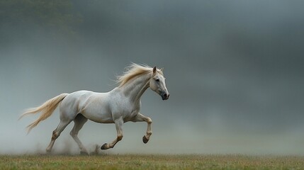 Fototapeta premium Majestic white horse galloping in misty field.