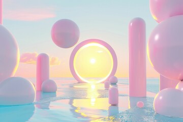 Abstract landscape with pastel spheres and a circular arch against a serene water surface reflecting soft sunlight and vibrant colors Peaceful and dreamy atmosphere