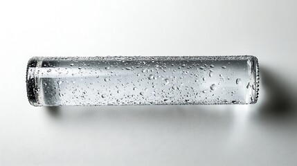 14. A horizontally positioned water bottle with condensation droplets on a white backdrop