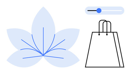 Light blue abstract flower, shopping bag icon, and adjustable slider. Ideal for e-commerce, nature products, mobile applications, graphic design, wellness lifestyle branding online store. Line