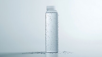 21. A tilted water bottle with water droplets sliding down its surface on white