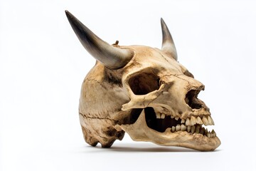 A close-up shot of a skull with horns against a white background