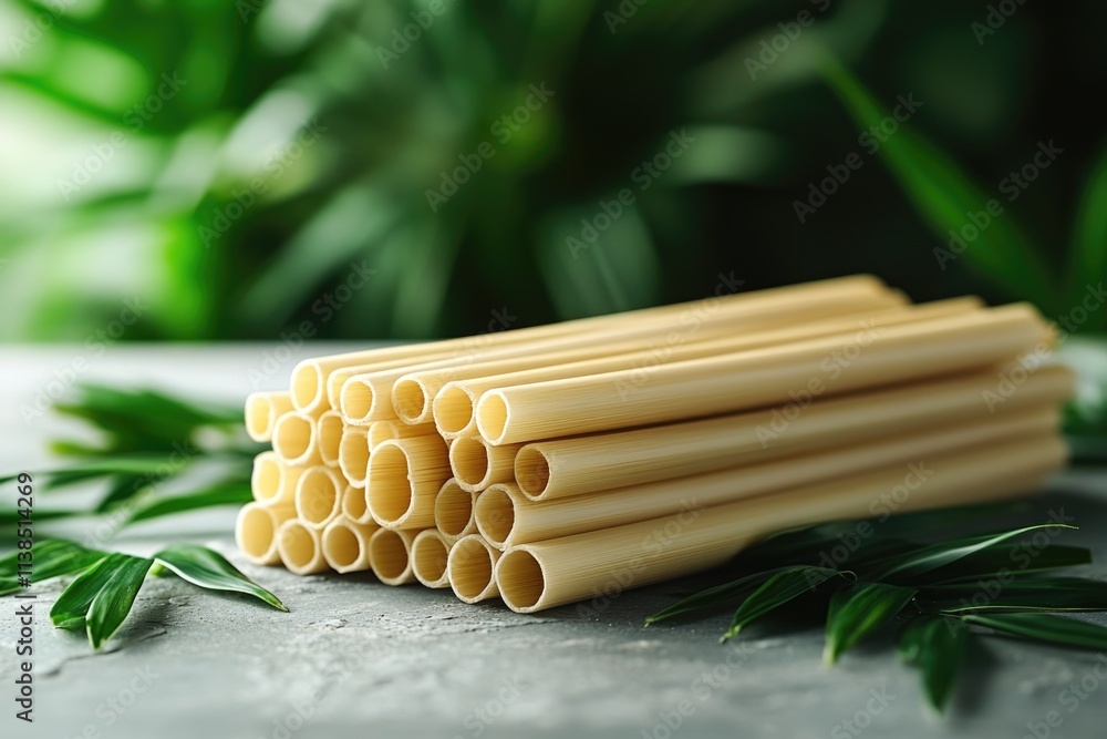 Poster a collection of bamboo sticks arranged on a table surface