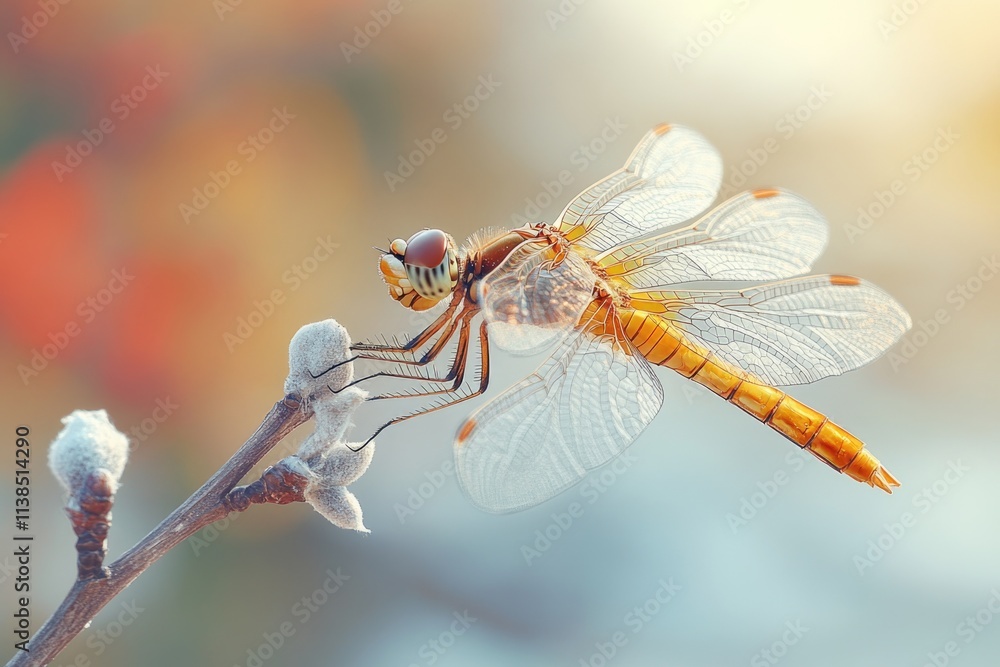 Poster a close-up of a dragonfly perched on a twig, showcasing its iridescent wings and delicate features