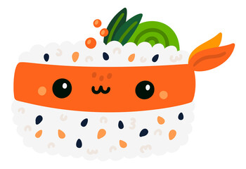 Shrimp sushi kawaii icon. Cute face cuisine