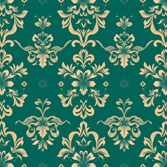 Fototapeta premium Elegant Damask Seamless Pattern: Teal and Gold Vintage Design 