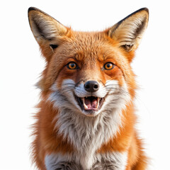 Obraz premium A close-up portrait of a red fox with a wide, toothy grin and alert ears, isolated on a white background.