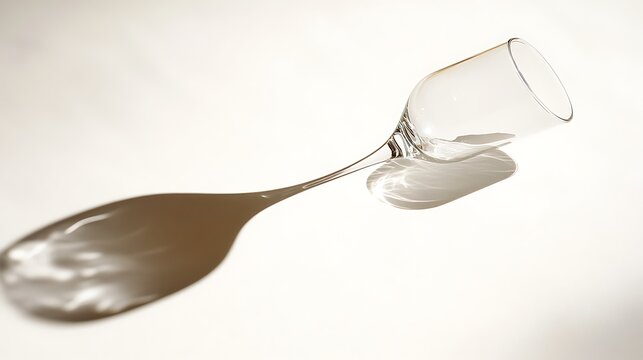 20. A tilted empty drinking glass creating dynamic shadows on a white backdrop