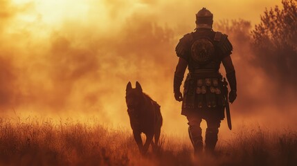 Fototapeta premium Brave Warrior in Ancient Armor Walking with Loyal Dog Through Misty Landscape at Sunset, Evoking Themes of Loyalty, Valor, and Adventure in a Mystical Setting